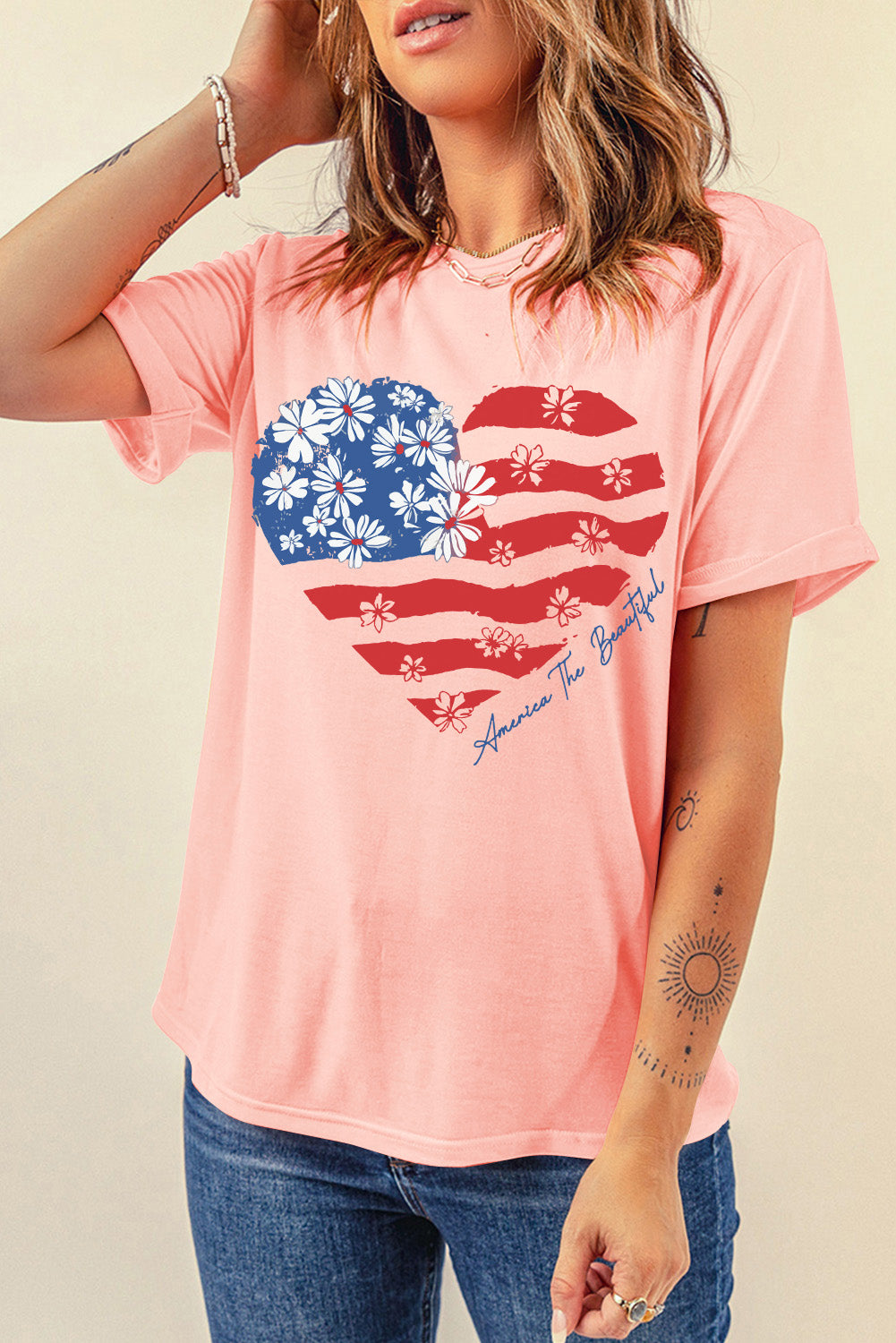 Pink Floral American Flag Heart Shape Graphic T Shirt Graphic Tees JT's Designer Fashion