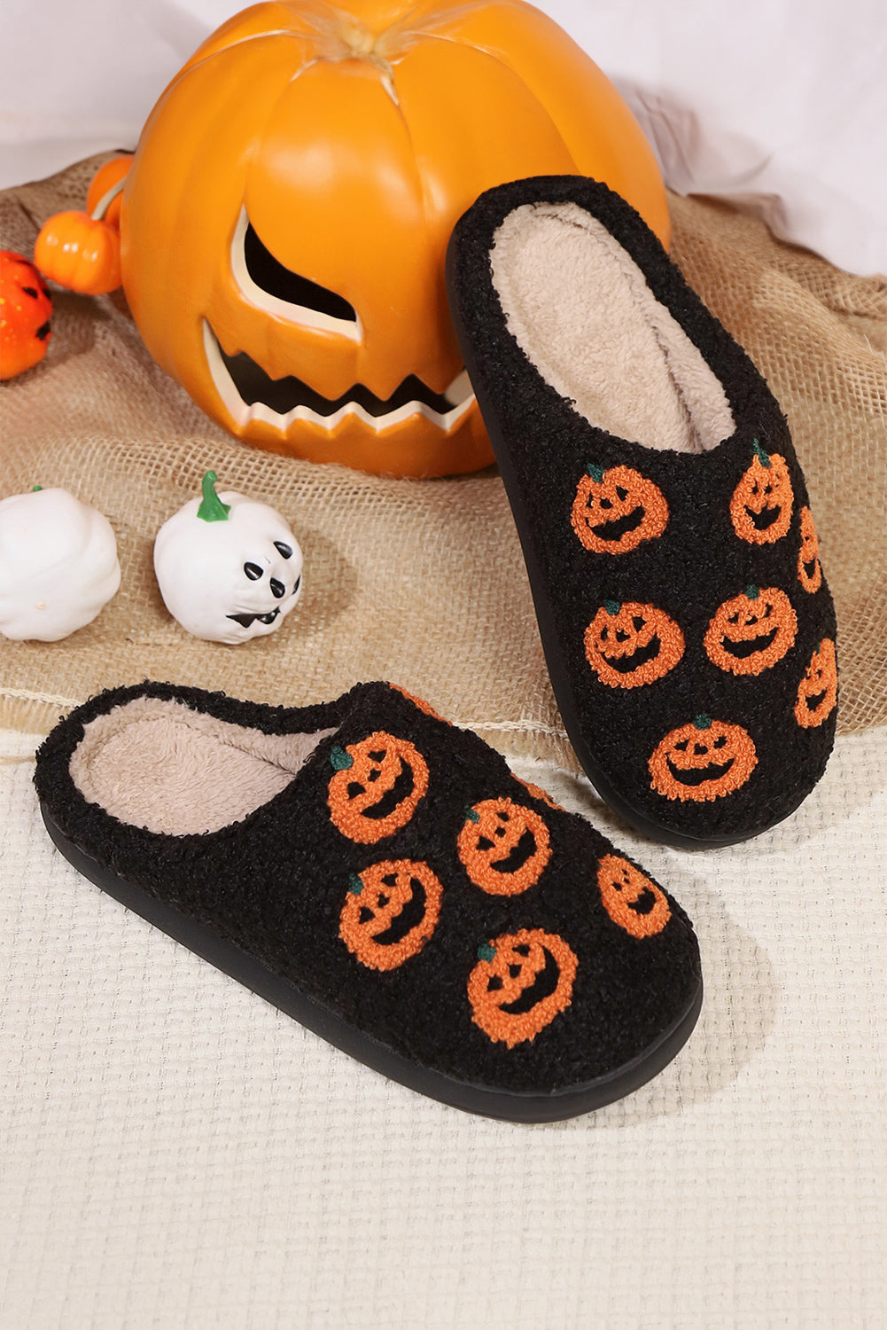 Black Halloween Pumpkin Plush Home Slippers Slippers JT's Designer Fashion