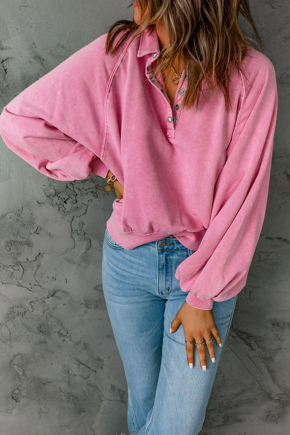 Pink Washed Snap Buttons Lantern Sleeve Pullover Sweatshirt Sweatshirts & Hoodies JT's Designer Fashion