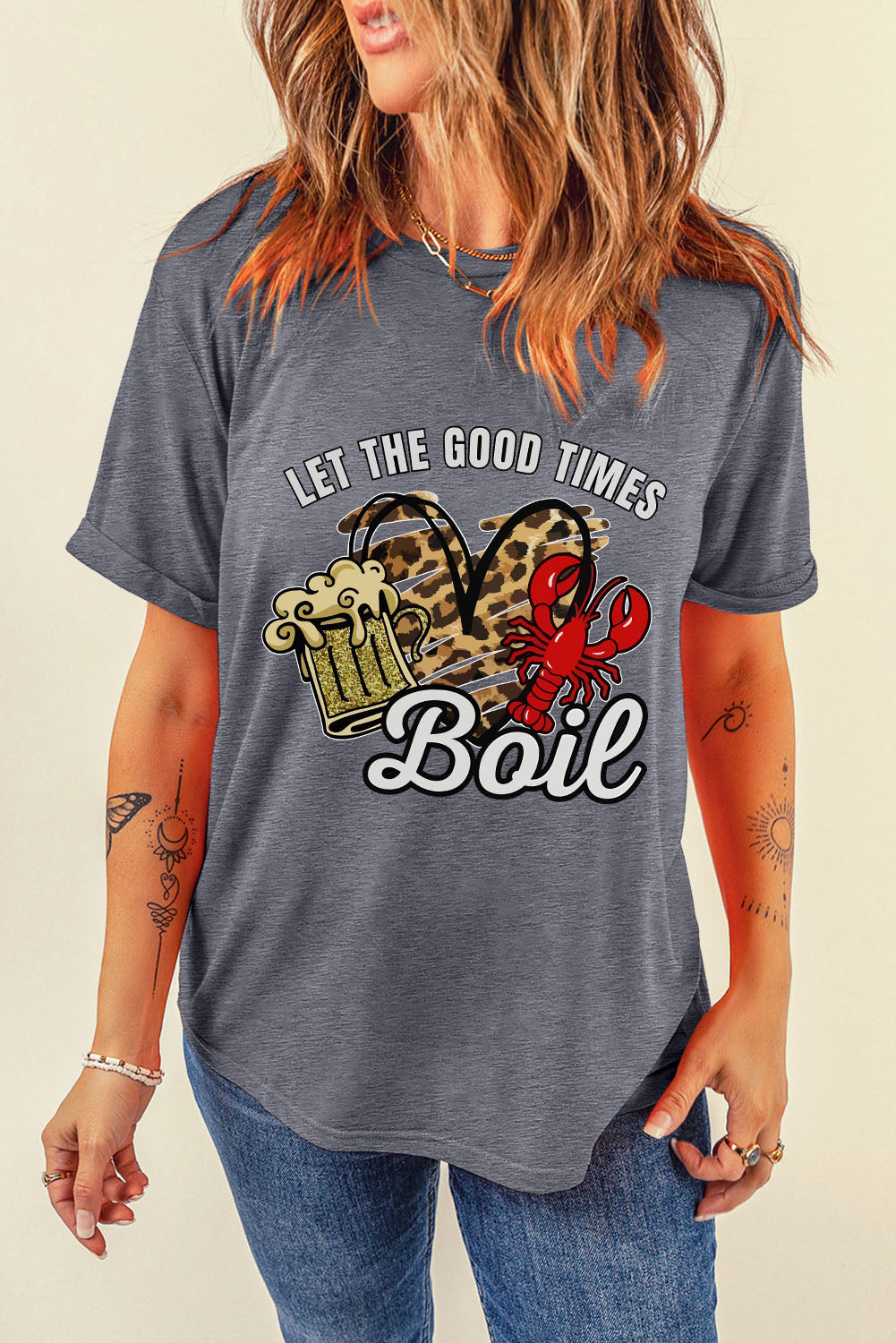 Gray Let The Good Times Boil Crawfish Leopard Heart Graphic Tee Graphic Tees JT's Designer Fashion
