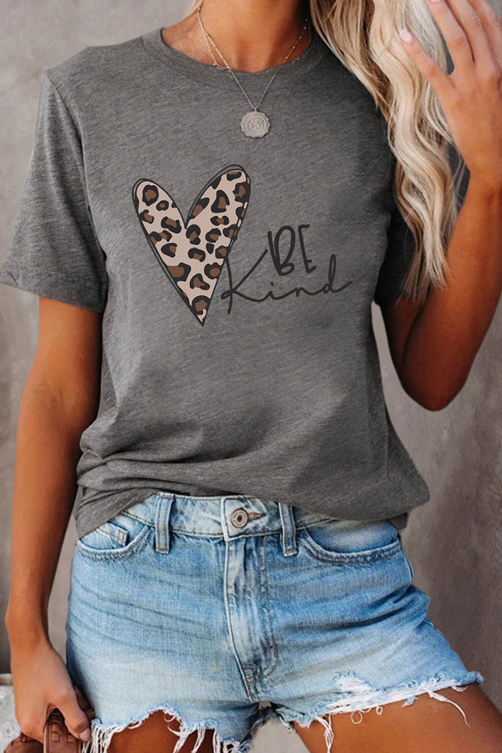 Gray Leopard Heart Be Kind Graphic Tee Graphic Tees JT's Designer Fashion