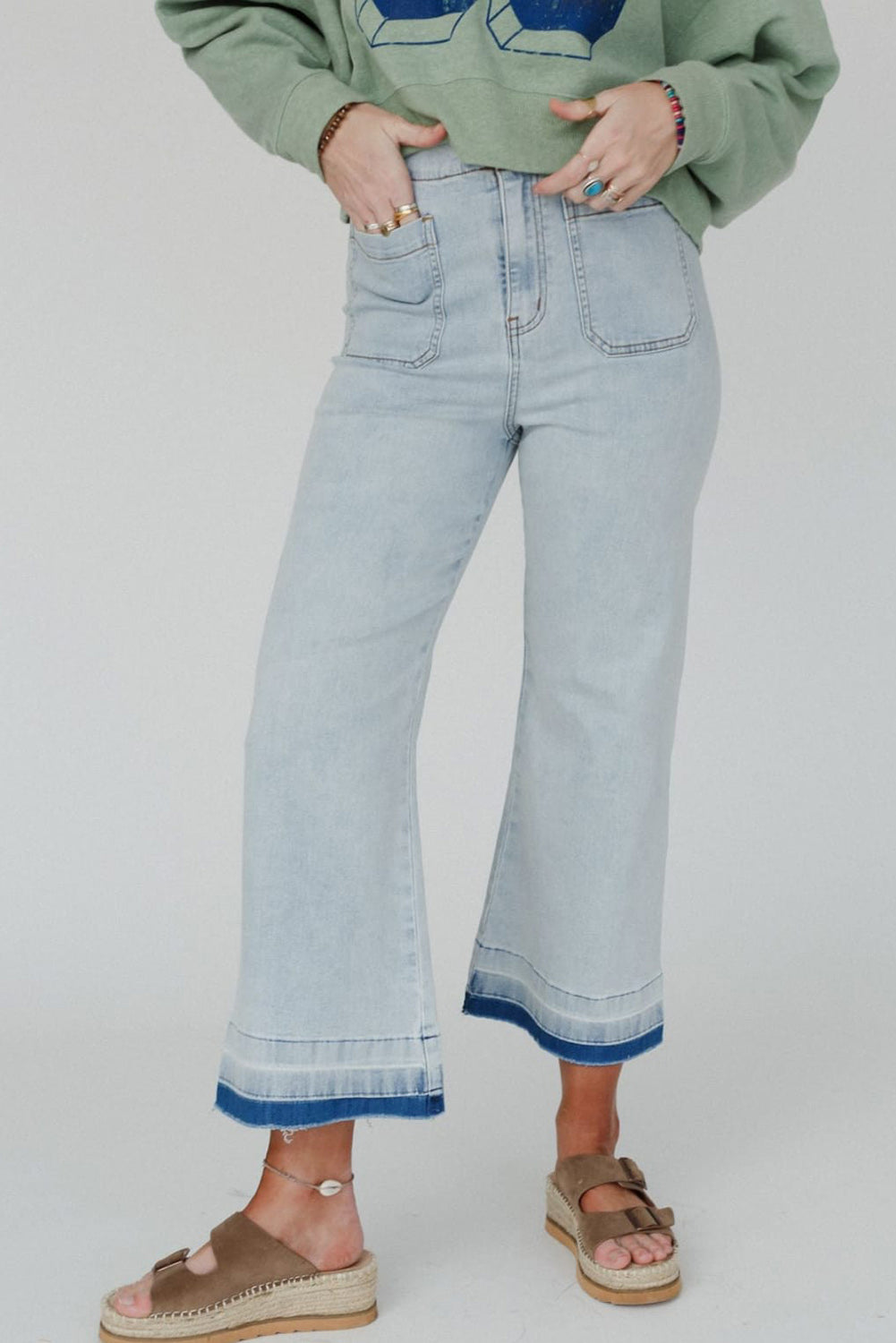 Beau Blue Acid Wash Contrast Edge Pocketed Cropped Jeans Pre Order Bottoms JT's Designer Fashion