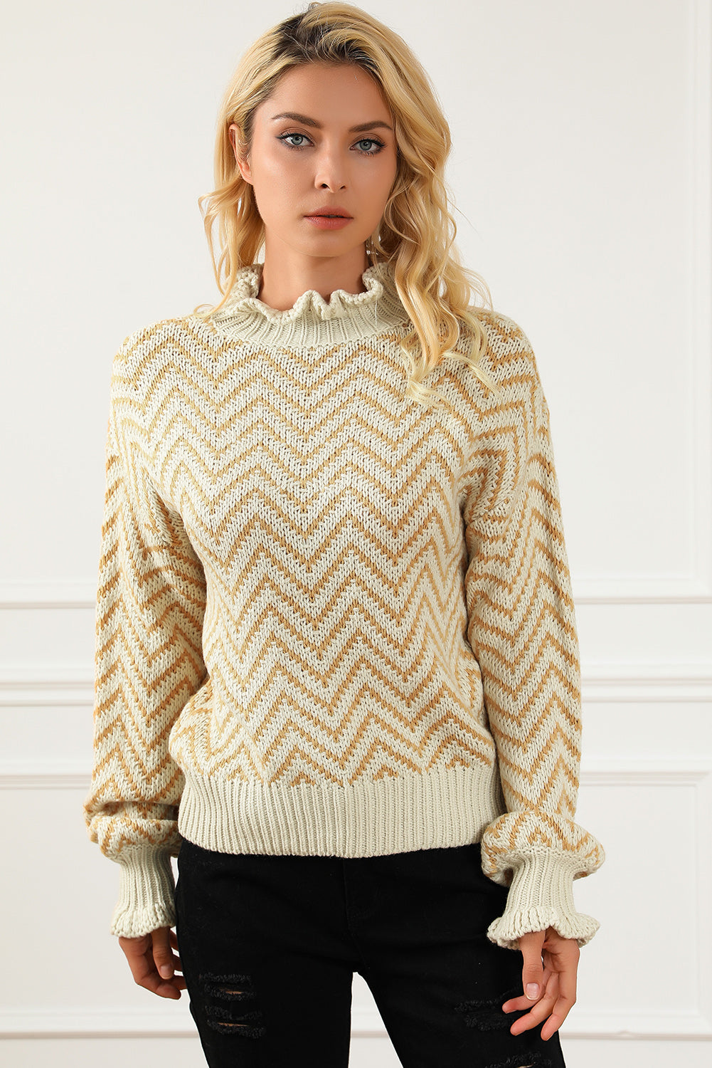 Khaki Chevron Striped High Neck Drop Shoulder Sweater Sweaters & Cardigans JT's Designer Fashion