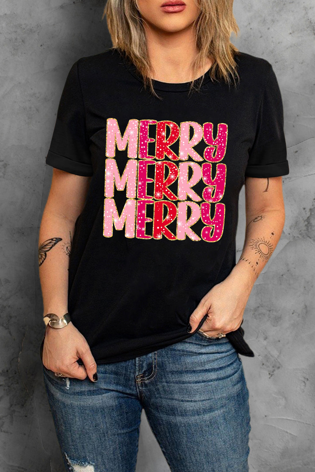 Black Heat Transfer Printing MERRY Letter Christmas Graphic Tee Graphic Sweatshirts JT's Designer Fashion