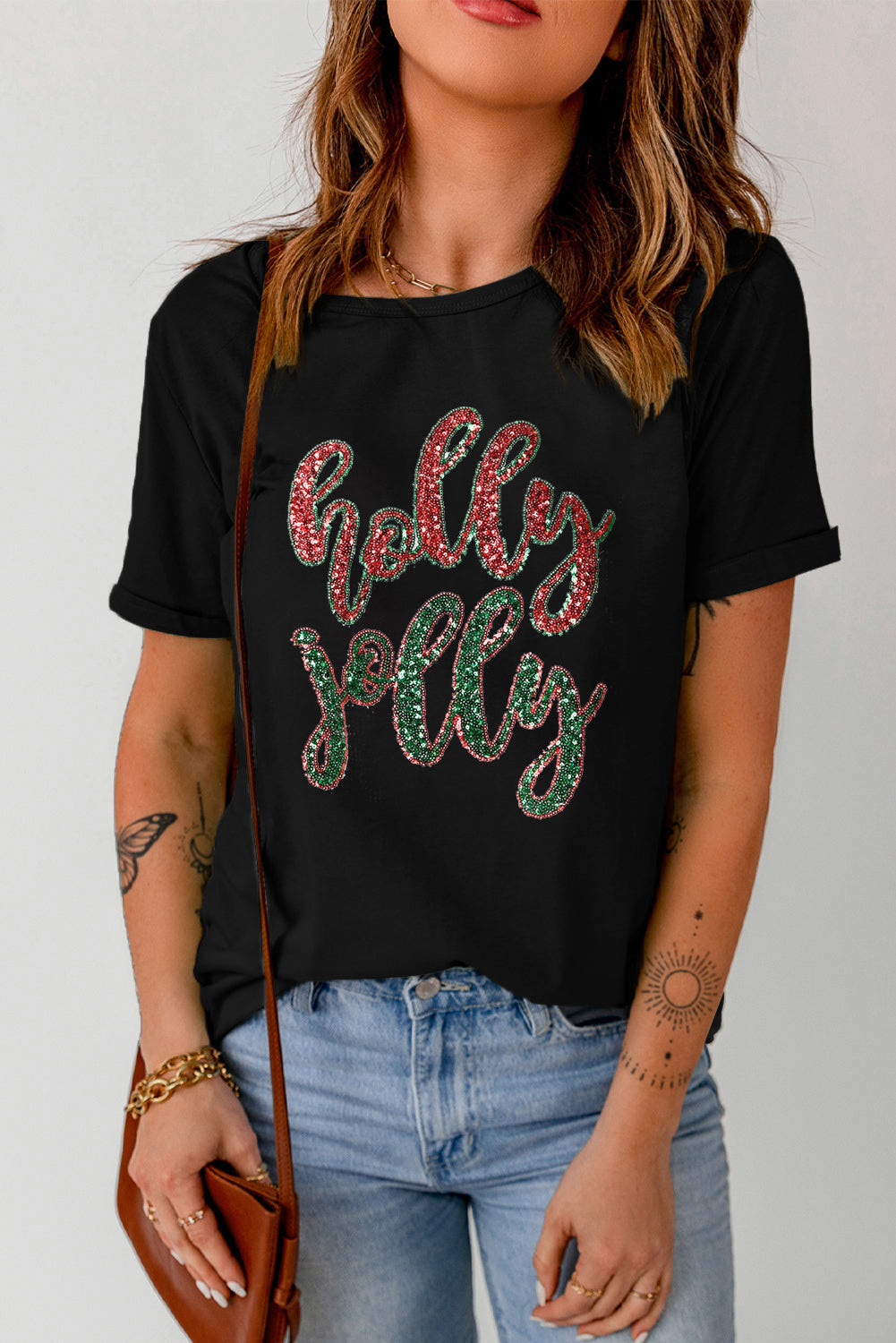 Black Christmas Sequined holly jolly Graphic Tee Graphic Tees JT's Designer Fashion