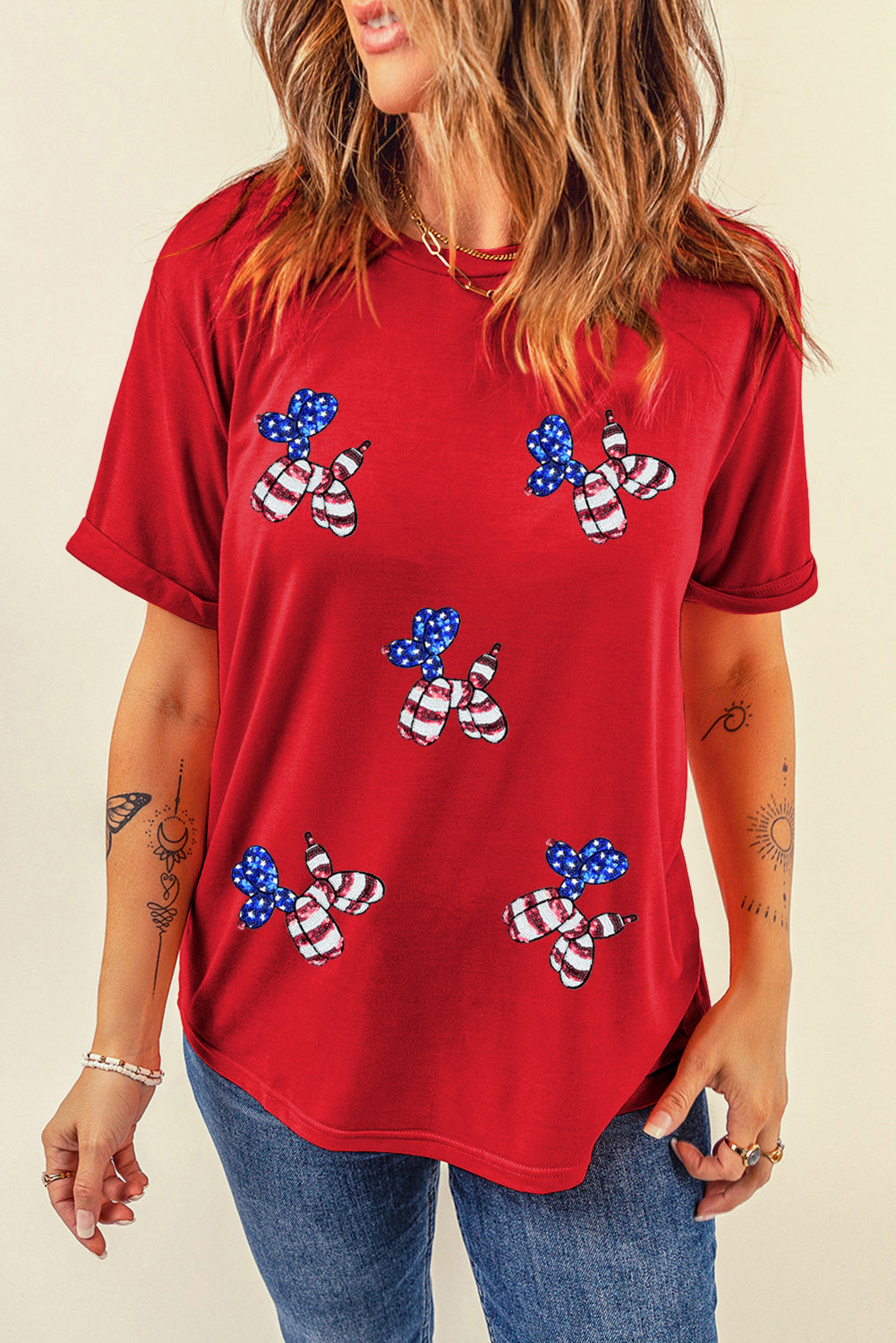 Red Sequin Stars and Stripes Balloon Puppy Graphic Crewneck Tee Graphic Tees JT's Designer Fashion