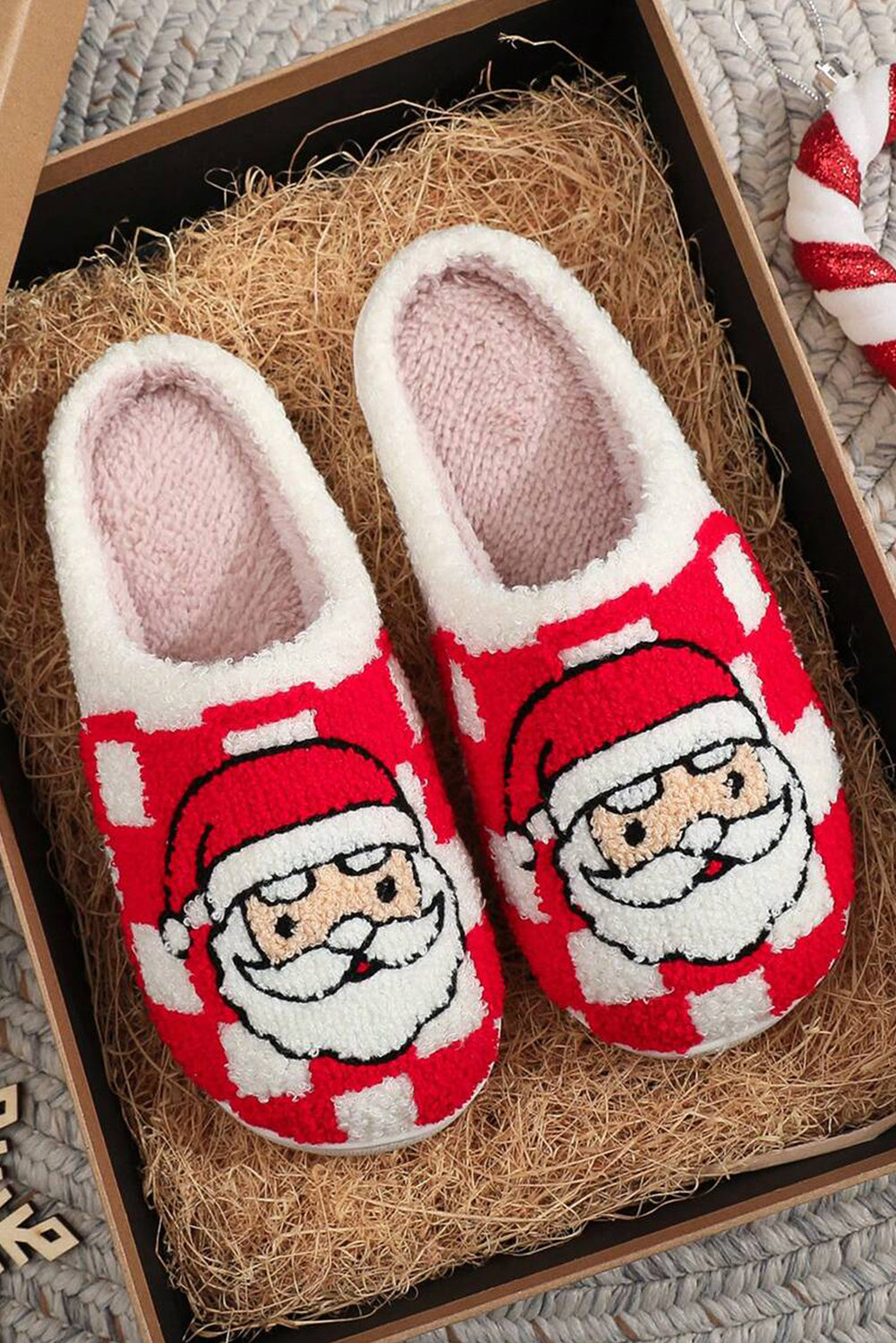 Fiery Red Checkered Santa Claus Graphic Plush Home Slippers Slippers JT's Designer Fashion