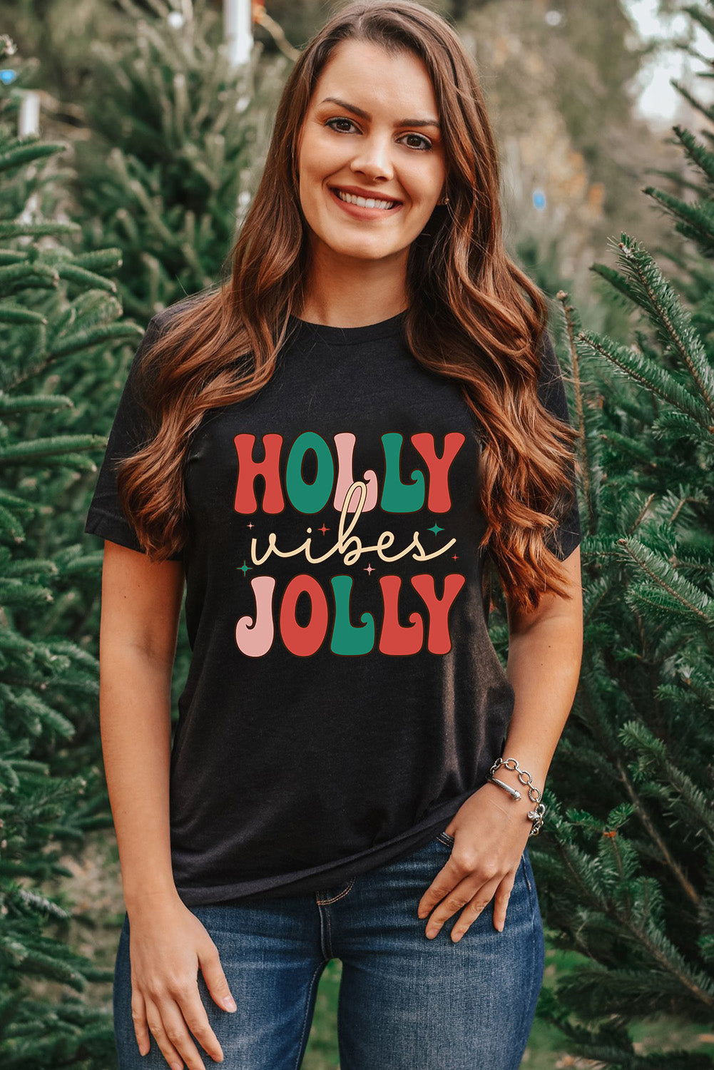 Black HOLLY JOLLY Vibes Christmas Crew Neck T Shirt Graphic Tees JT's Designer Fashion