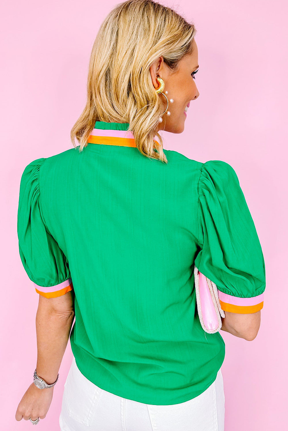 Bright Green Colorful Trim Collar Short Sleeve Pinched V Neck Blouse Tops & Tees JT's Designer Fashion