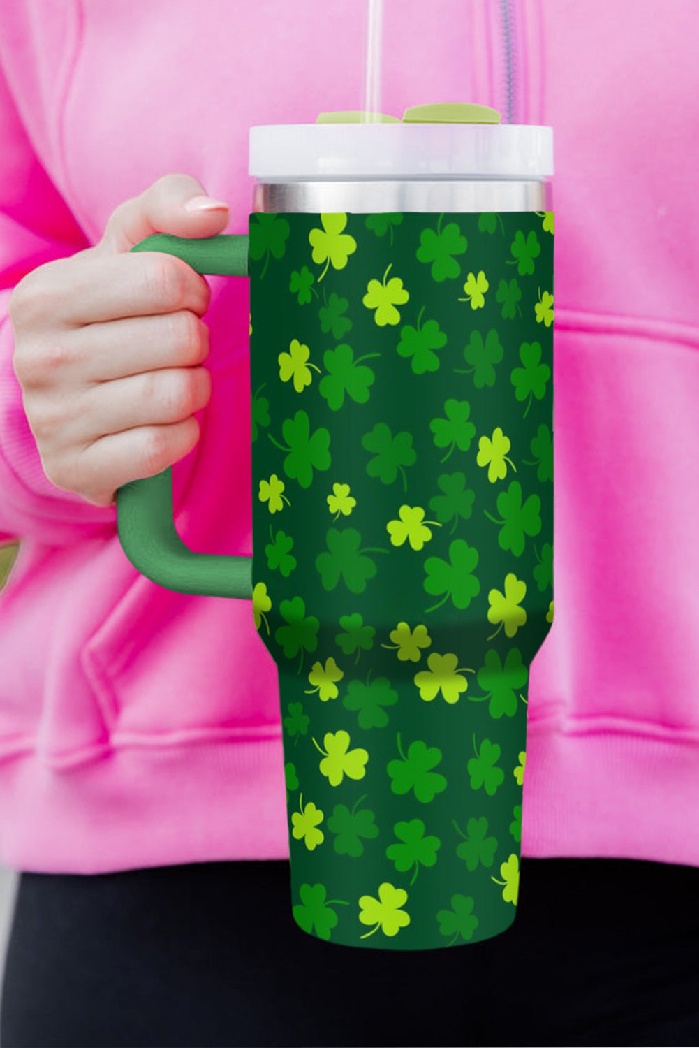 Dark Green St. Patricks Shamrock Print Handle Vacuum Cup 1200ml Tumblers JT's Designer Fashion