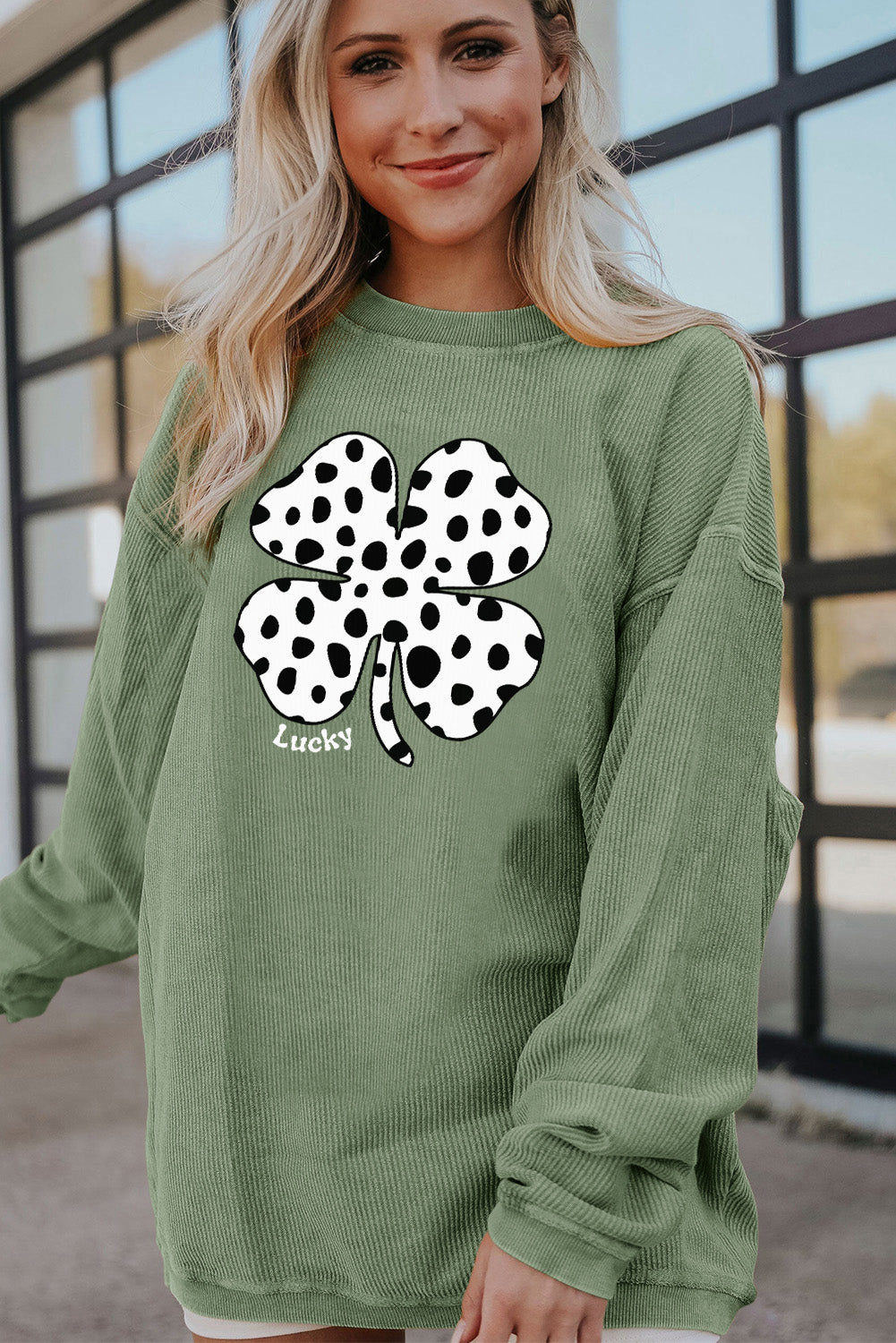 Grass Green Western Cow Clover Print Crewneck Corded Sweatshirt Graphic Sweatshirts JT's Designer Fashion