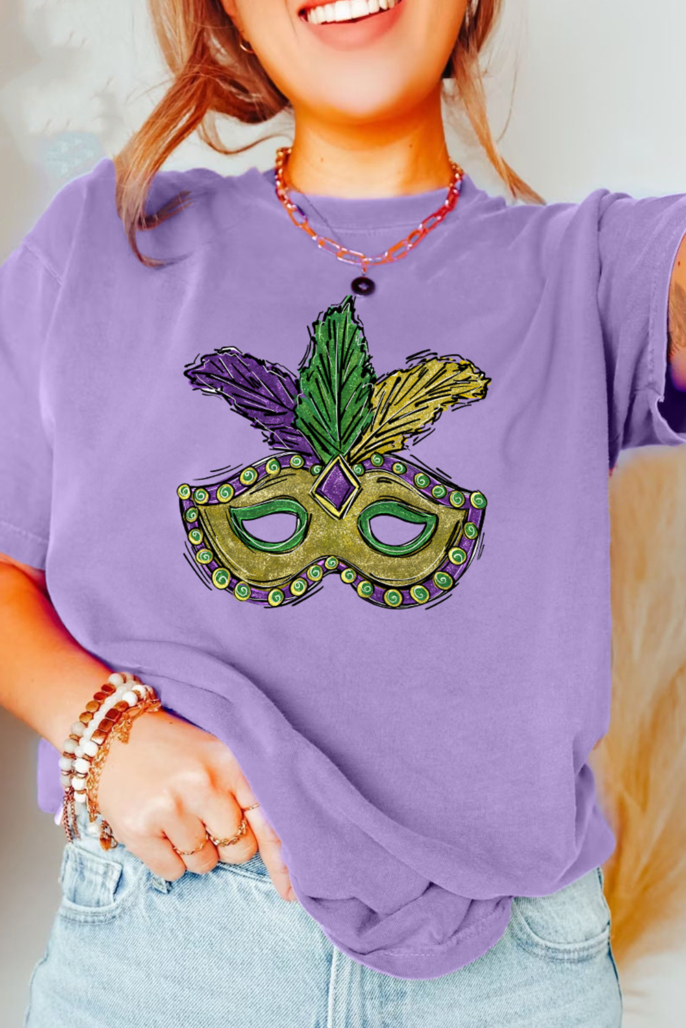 Wisteria Mardi Gras Mask Graphic Crew Neck Festival T Shirt Graphic Tees JT's Designer Fashion