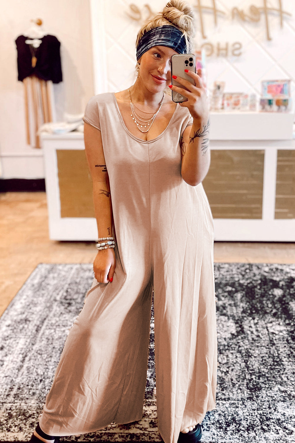 Light French Beige Cap Sleeve Round Neck Curvy Wide Leg Jumpsuit Plus Size JT's Designer Fashion