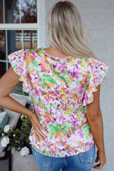 Purple Abstract Printed Ruffled Short Sleeve Notched Neck Blouse Blouses & Shirts JT's Designer Fashion