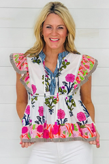 Pink Floral Print Tie Neck Striped Detail Flutter Sleeve Blouse Pre Order Tops JT's Designer Fashion