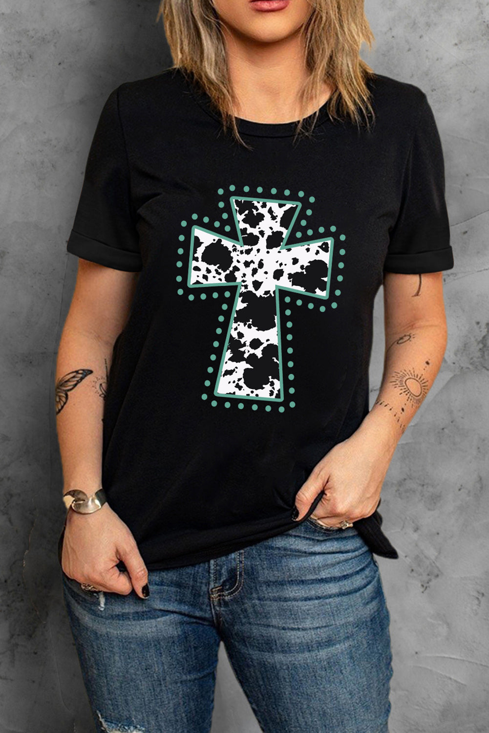 Black Animal Print Cross Graphic Tee Graphic Tees JT's Designer Fashion