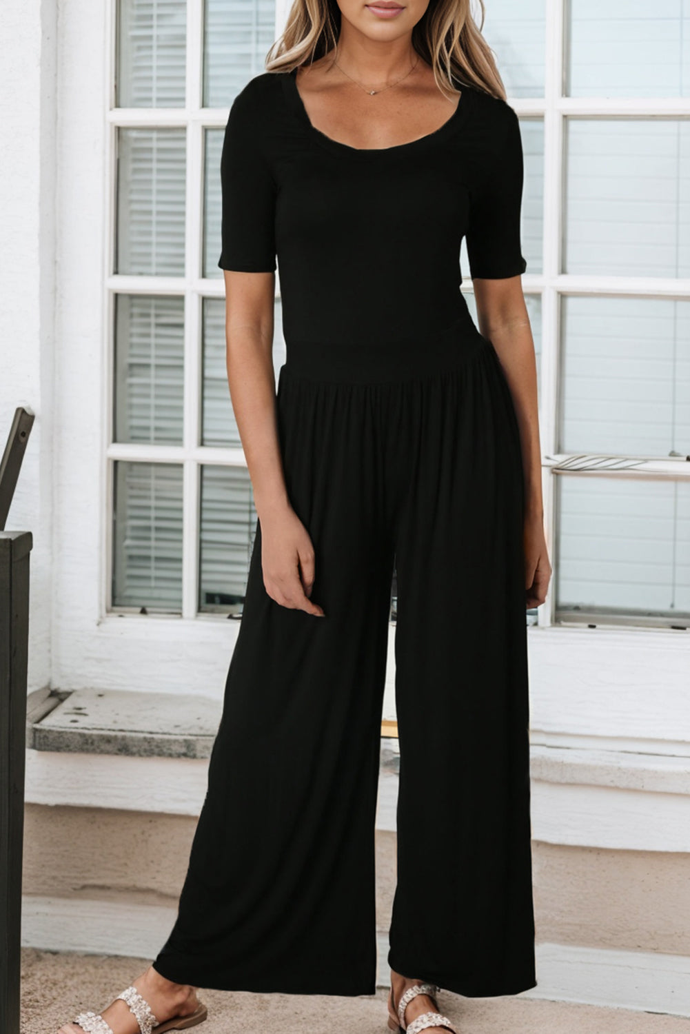 Black Short Sleeve Bodice Flowy Wide Leg Jumpsuit Jumpsuits & Rompers JT's Designer Fashion