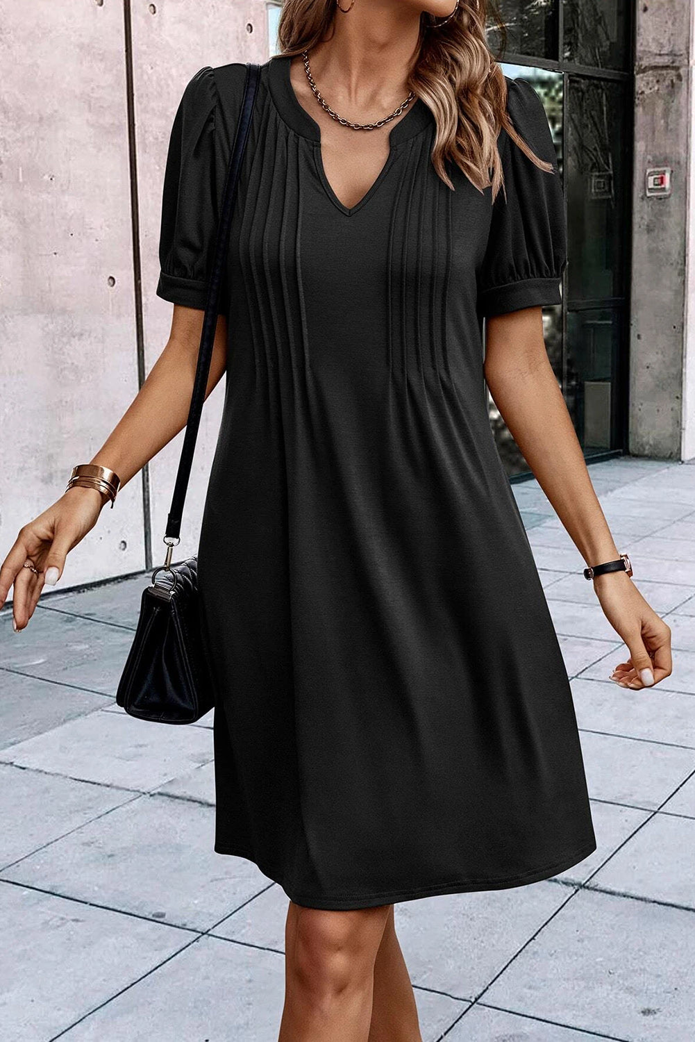 Black Notched Neck Pleated Puff Sleeve Shift T-shirt Dress T Shirt Dresses JT's Designer Fashion