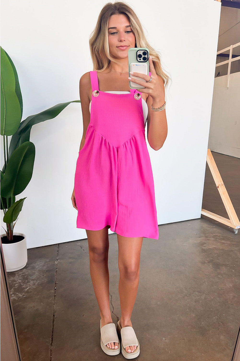 Bright Pink Solid Side Pockets Buttoned Wide Leg Overall Bottoms JT's Designer Fashion