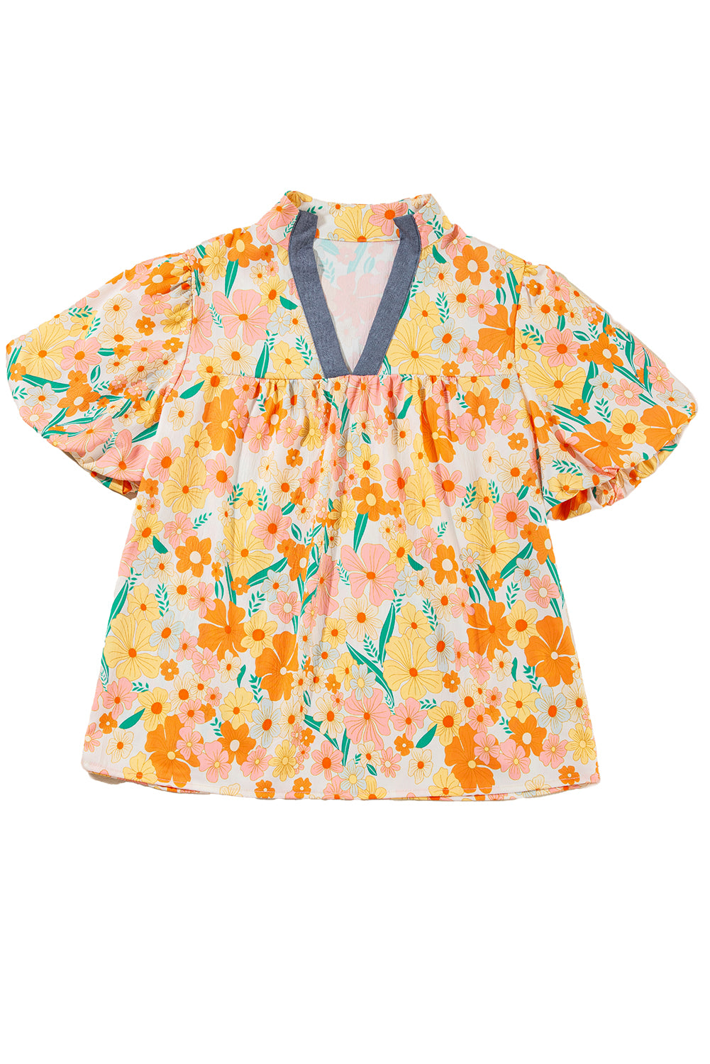 Multicolour Floral Print Bubble Sleeve V Neck Blouse Blouses & Shirts JT's Designer Fashion