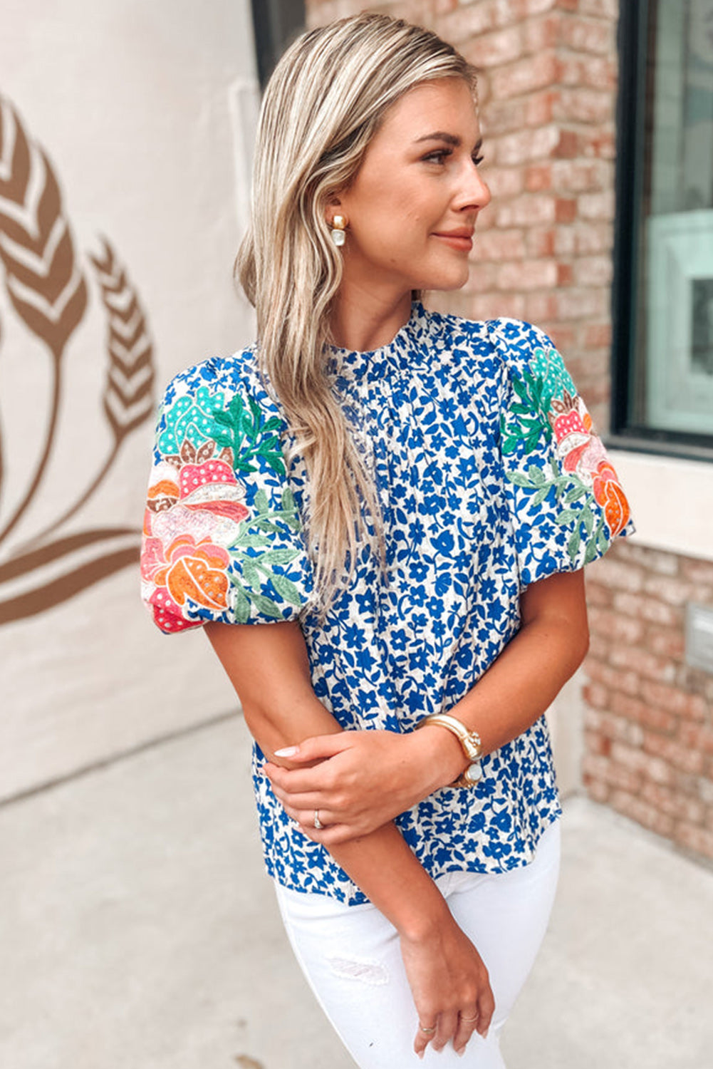 Sky Blue Floral Embroidered Bubble Sleeve Frilled Neck Blouse Blouses & Shirts JT's Designer Fashion