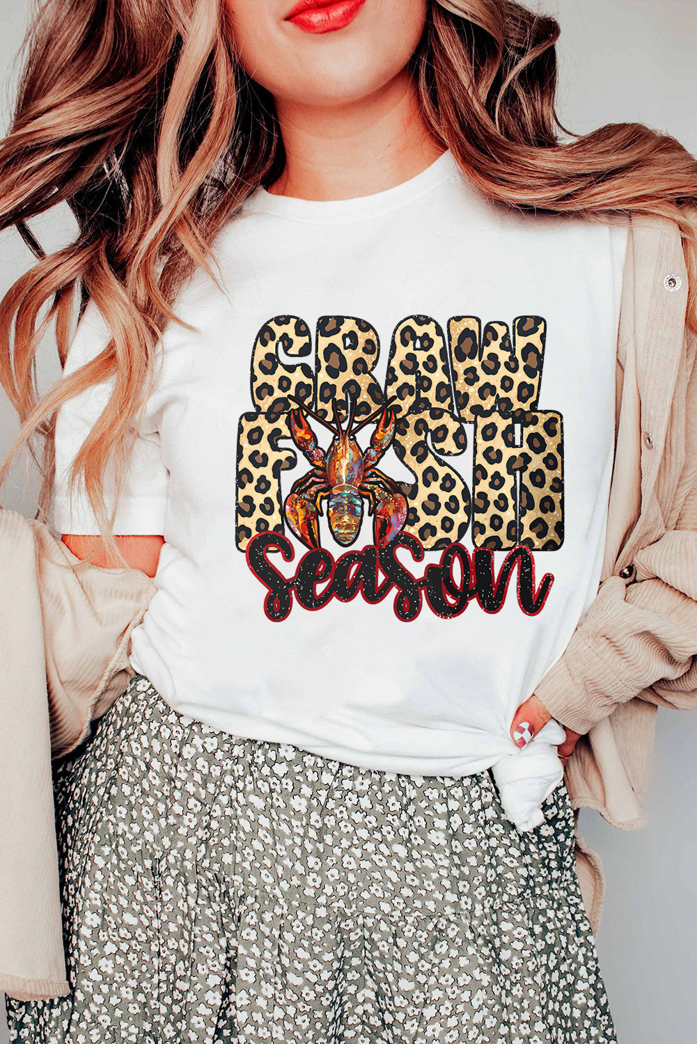 White Crawfish Season Leopard Letter Graphic Tee Graphic Tees JT's Designer Fashion