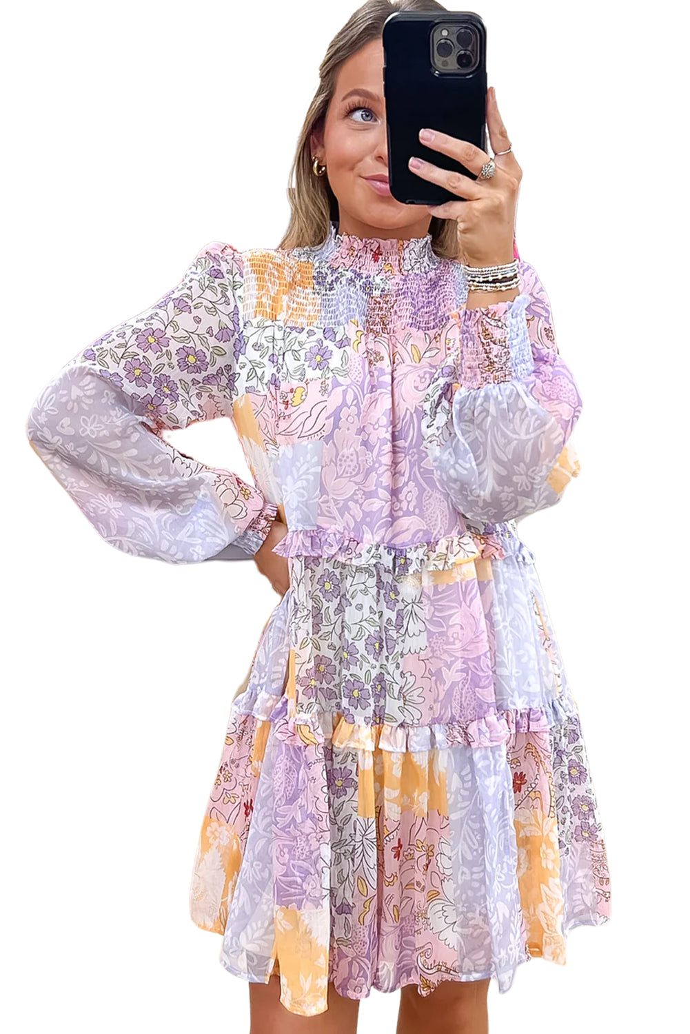 Multicolour Floral Smocked Mock Neck Ruffled Tiered Bubble Sleeve Dress Floral Dresses JT's Designer Fashion