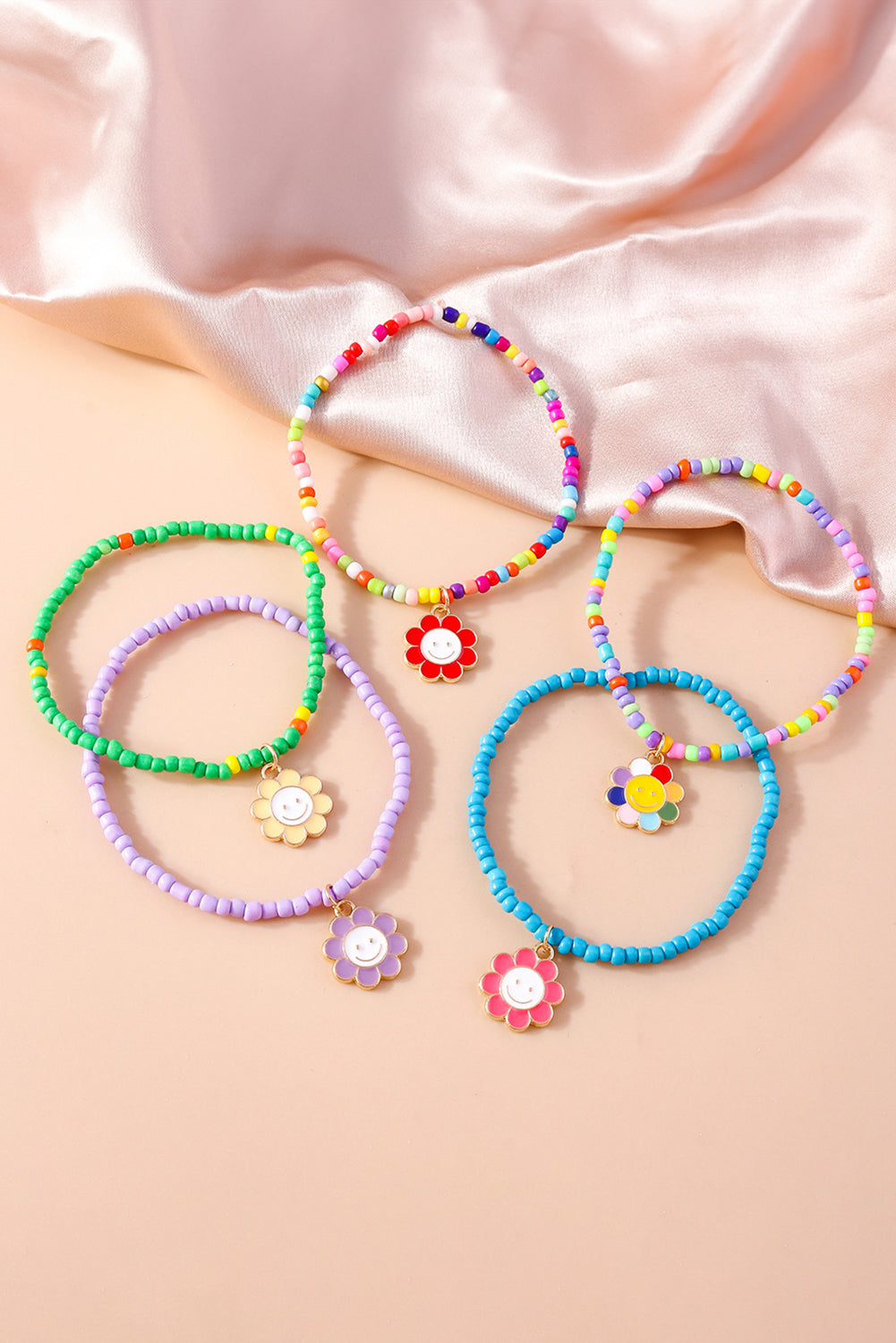 Light Blue 5pcs Smiley Flower Pendant Beaded Bracelet Set Jewelry JT's Designer Fashion