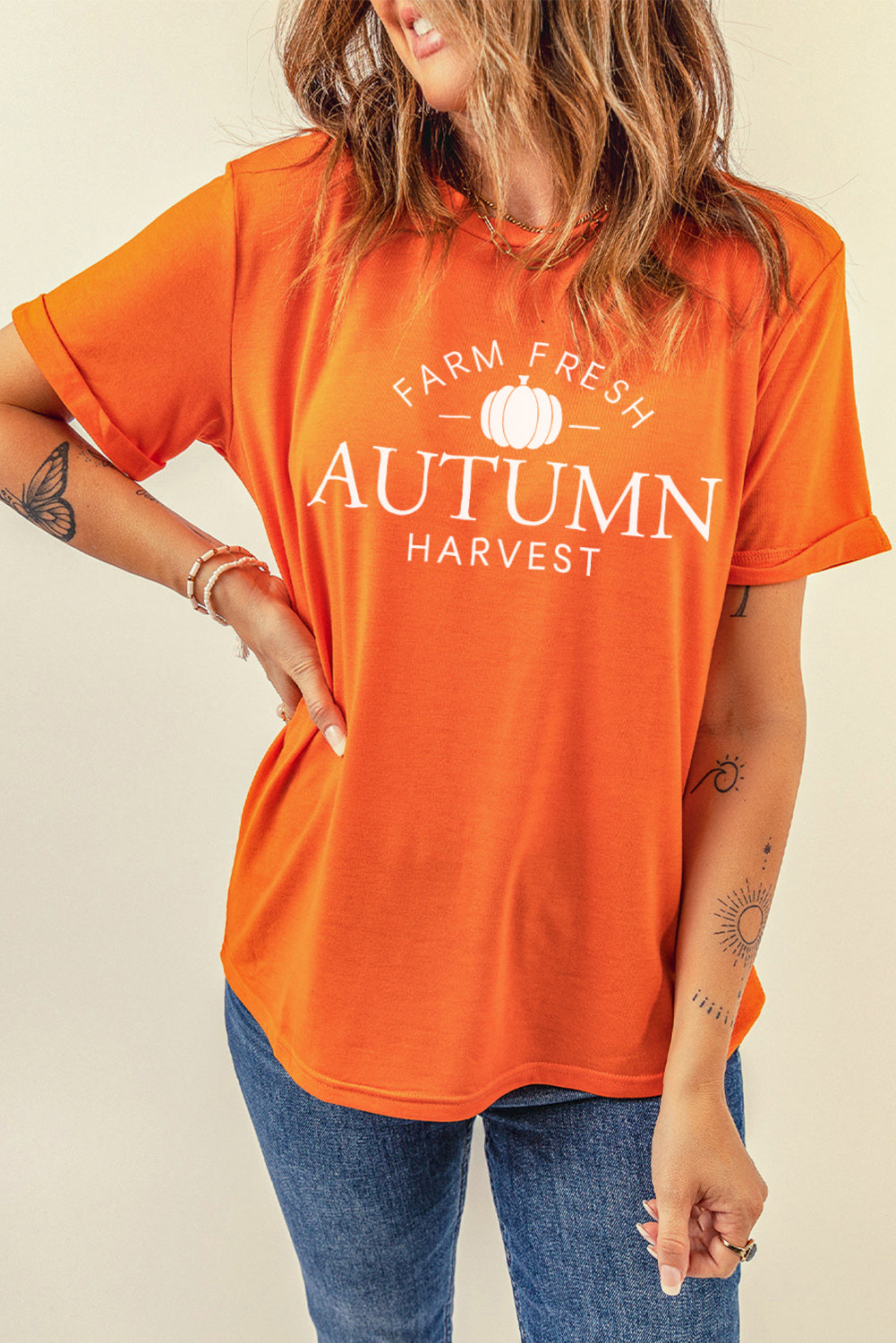 Orange FARM FRESH AUTUMN Harvest Pattern Crew Neck T Shirt Graphic Tees JT's Designer Fashion