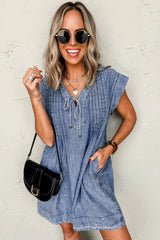 Beau Blue Tie V Neck Tucking Detail Short Sleeve Denim Shift Dress Mini Dresses JT's Designer Fashion