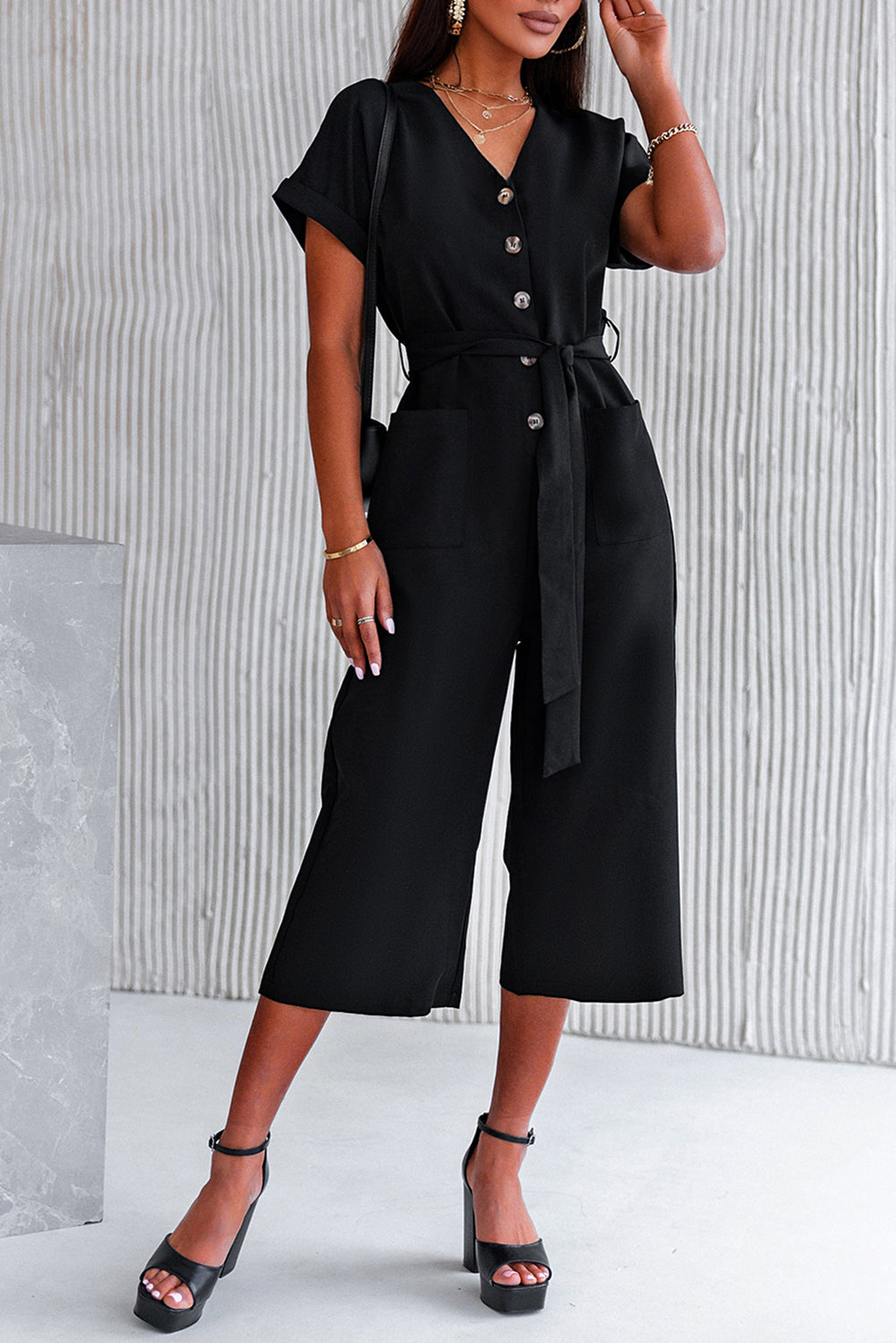 Black V Neck Pocketed Jumpsuit Black 75％Polyester+20％Viscose+5％Elastane Jumpsuits & Rompers JT's Designer Fashion