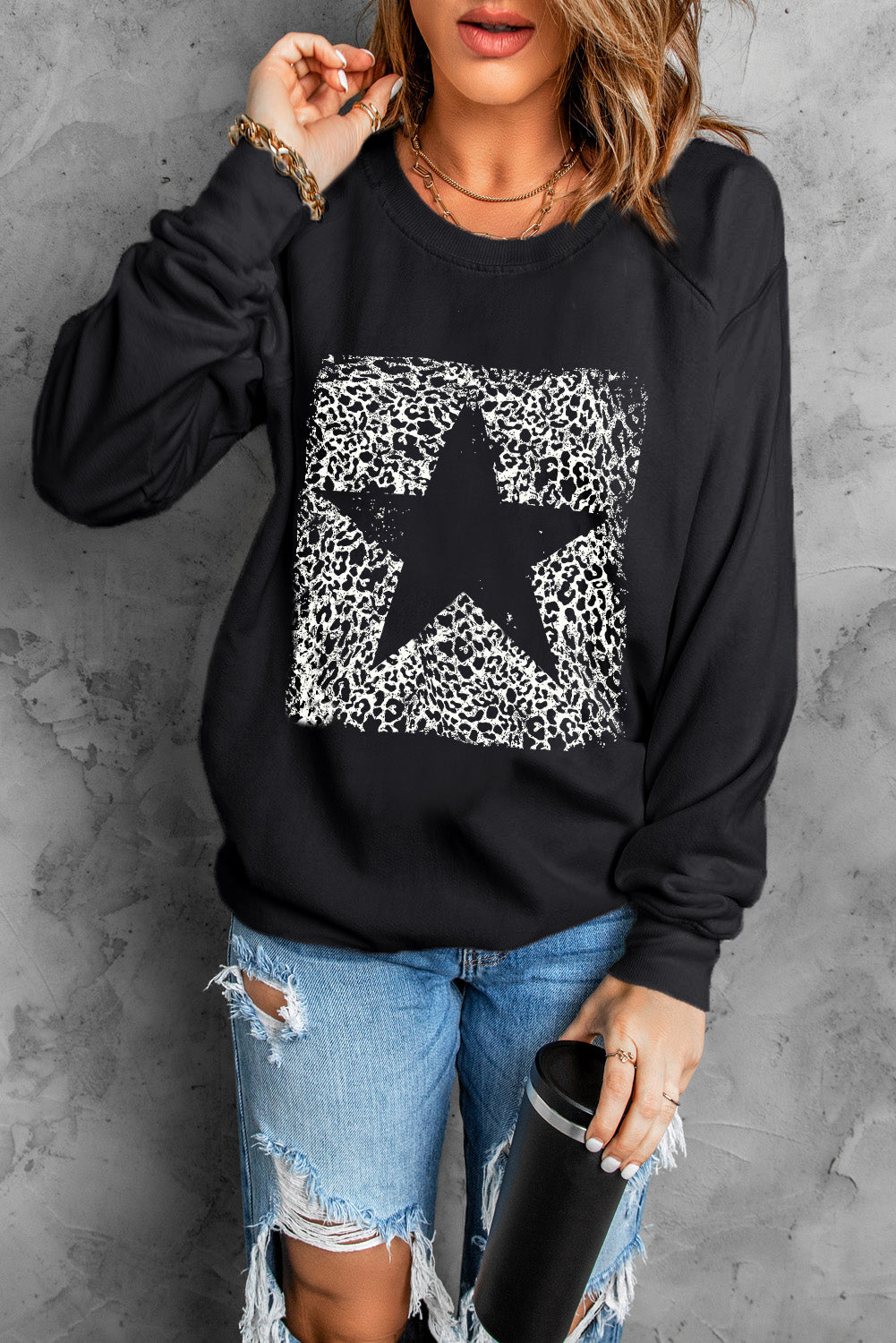 Black Leopard Star Print Sweatshirt Graphic Sweatshirts JT's Designer Fashion