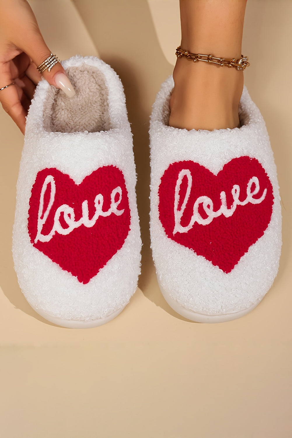 Fiery Red Valentine Love Heart Pattern Home Fuzzy Slippers Slippers JT's Designer Fashion