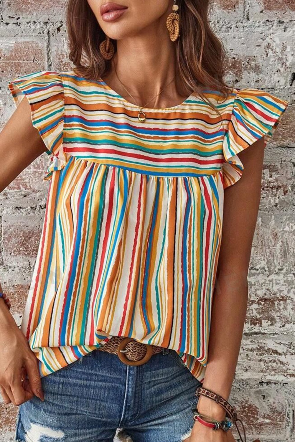 Multicolour Vibrant Stripes Printed Flutter Sleeve Babydoll Blouse Pre Order Tops JT's Designer Fashion