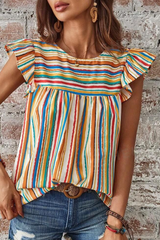 Multicolour Vibrant Stripes Printed Flutter Sleeve Babydoll Blouse Pre Order Tops JT's Designer Fashion
