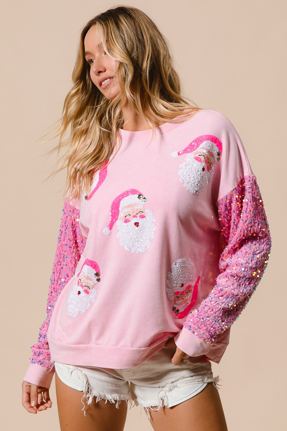 Pink Sequined Santa Claus Long Sleeve Christmas Sweatshirt Sweatshirts & Hoodies JT's Designer Fashion