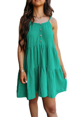Sea Green Textured Buttoned Thin Strap Tiered Loose Fit Mini Dress Mini Dresses JT's Designer Fashion