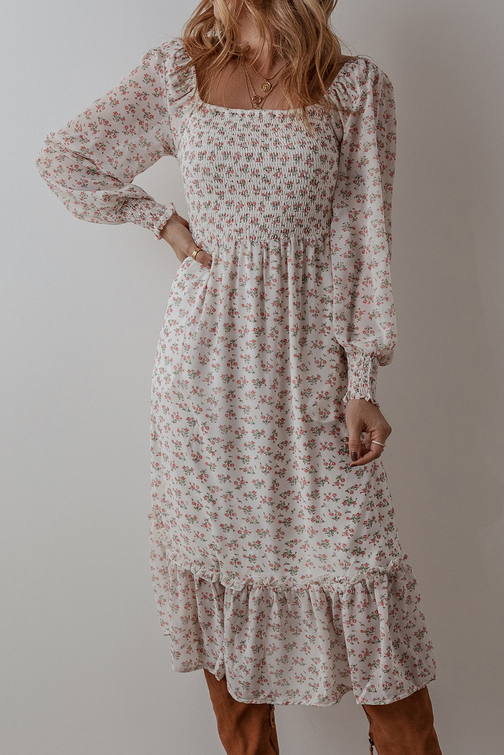 White Floral Print Shirred Ruffled Hem Square Neck Midi Dress Floral Dresses JT's Designer Fashion