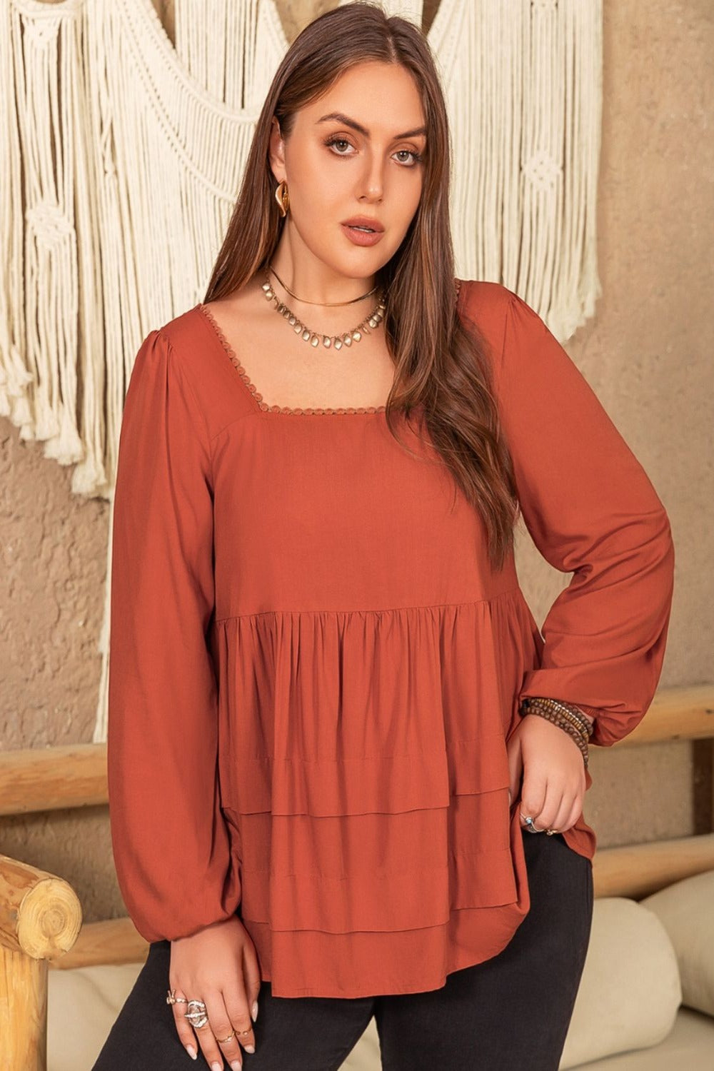 Plus Size Lace Detail Square Neck Long Sleeve Blouse Terracotta Blouses & Shirts JT's Designer Fashion