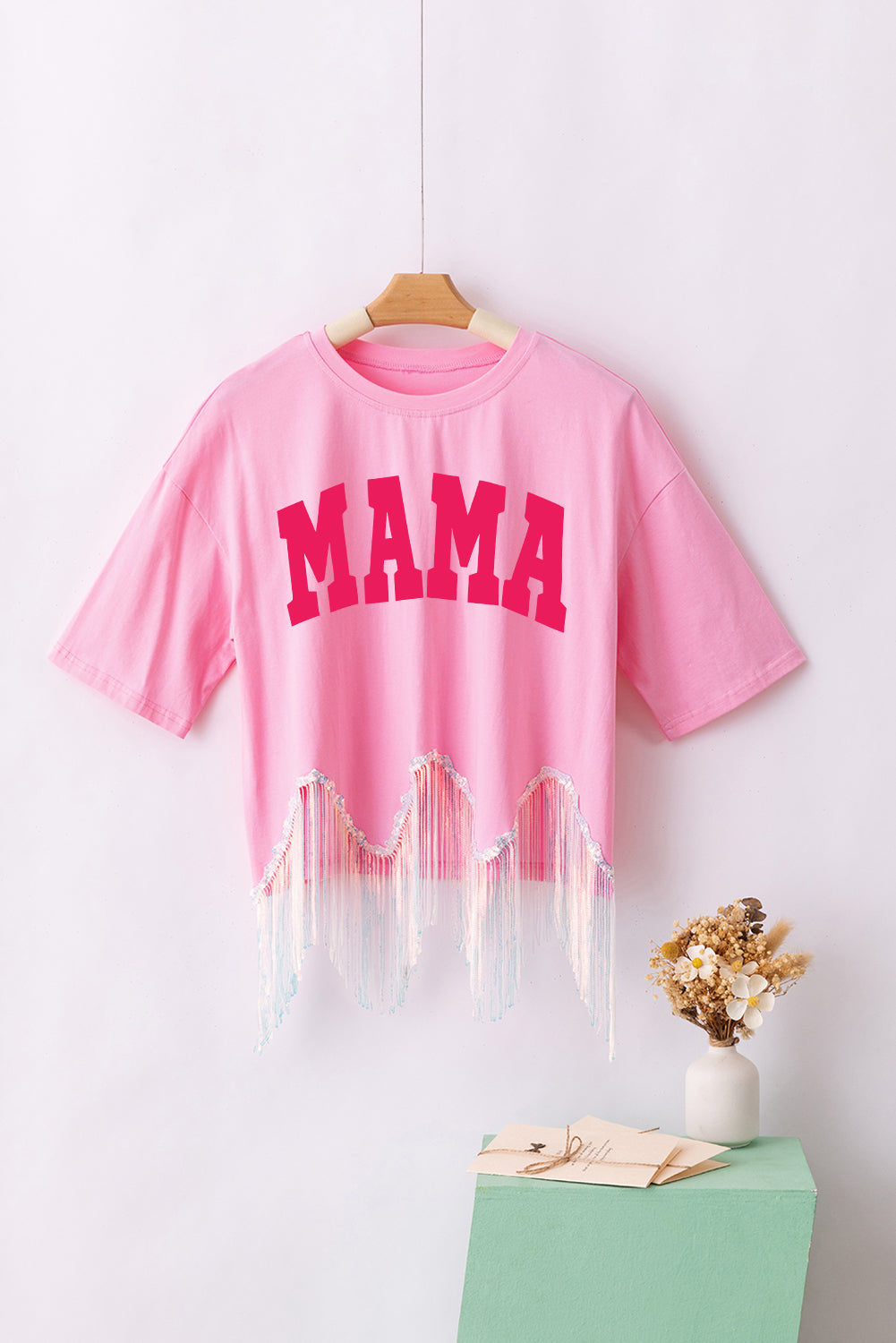 Pink MAMA Letter Print Sequined Tassel Hem T-shirt Graphic Tees JT's Designer Fashion