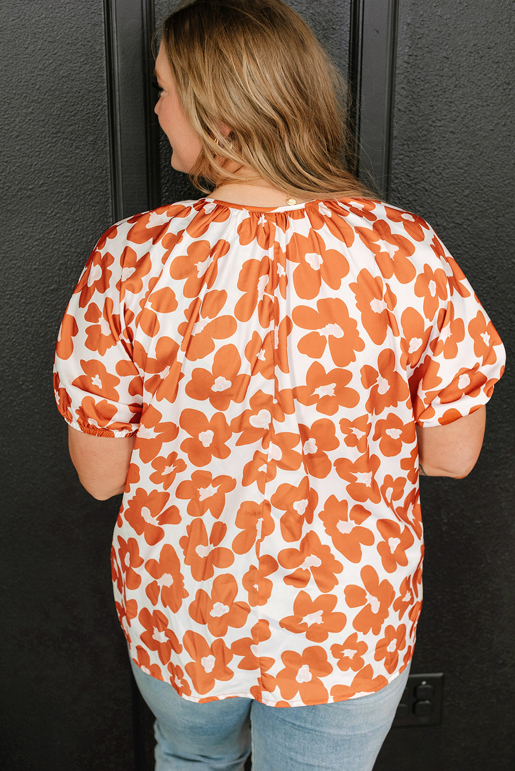 Orange Plus Size Floral Print Drawstring V Neck Short Sleeve Blouse Plus Size JT's Designer Fashion