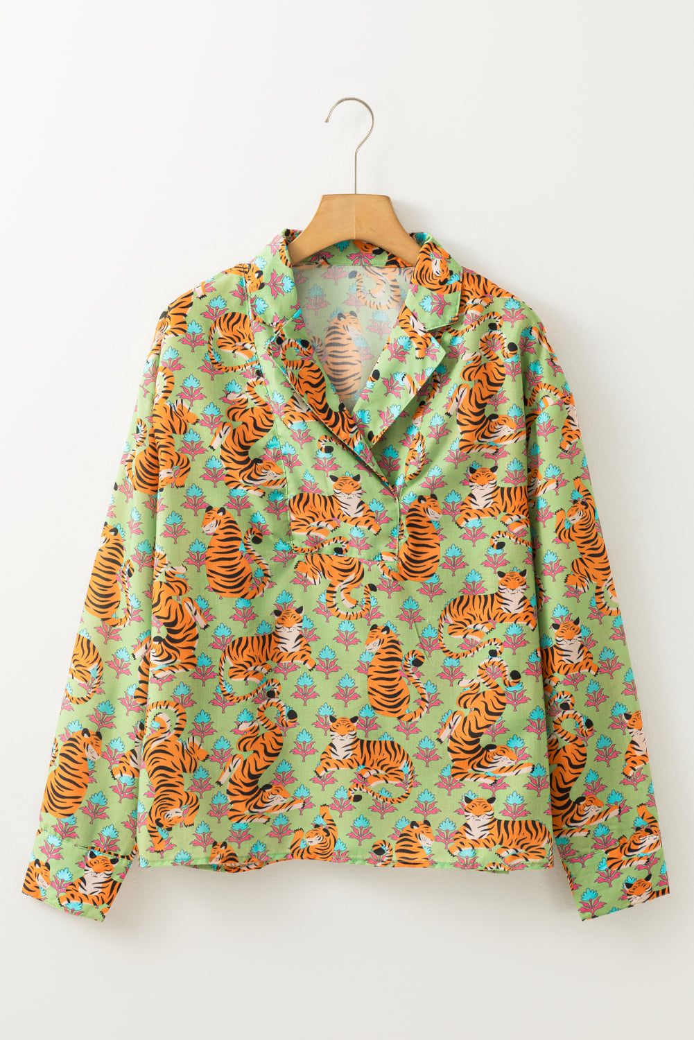 Green Tiger Floral Printed Collared V Neck Casual Shirt Blouses & Shirts JT's Designer Fashion