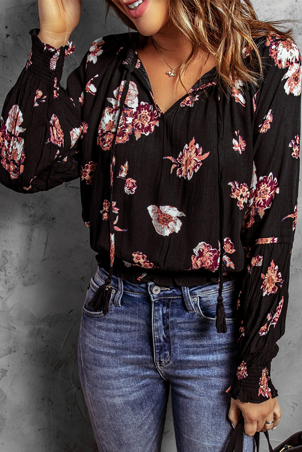 Black Floral Print V Neck Puffy Sleeve Blouse Blouses & Shirts JT's Designer Fashion