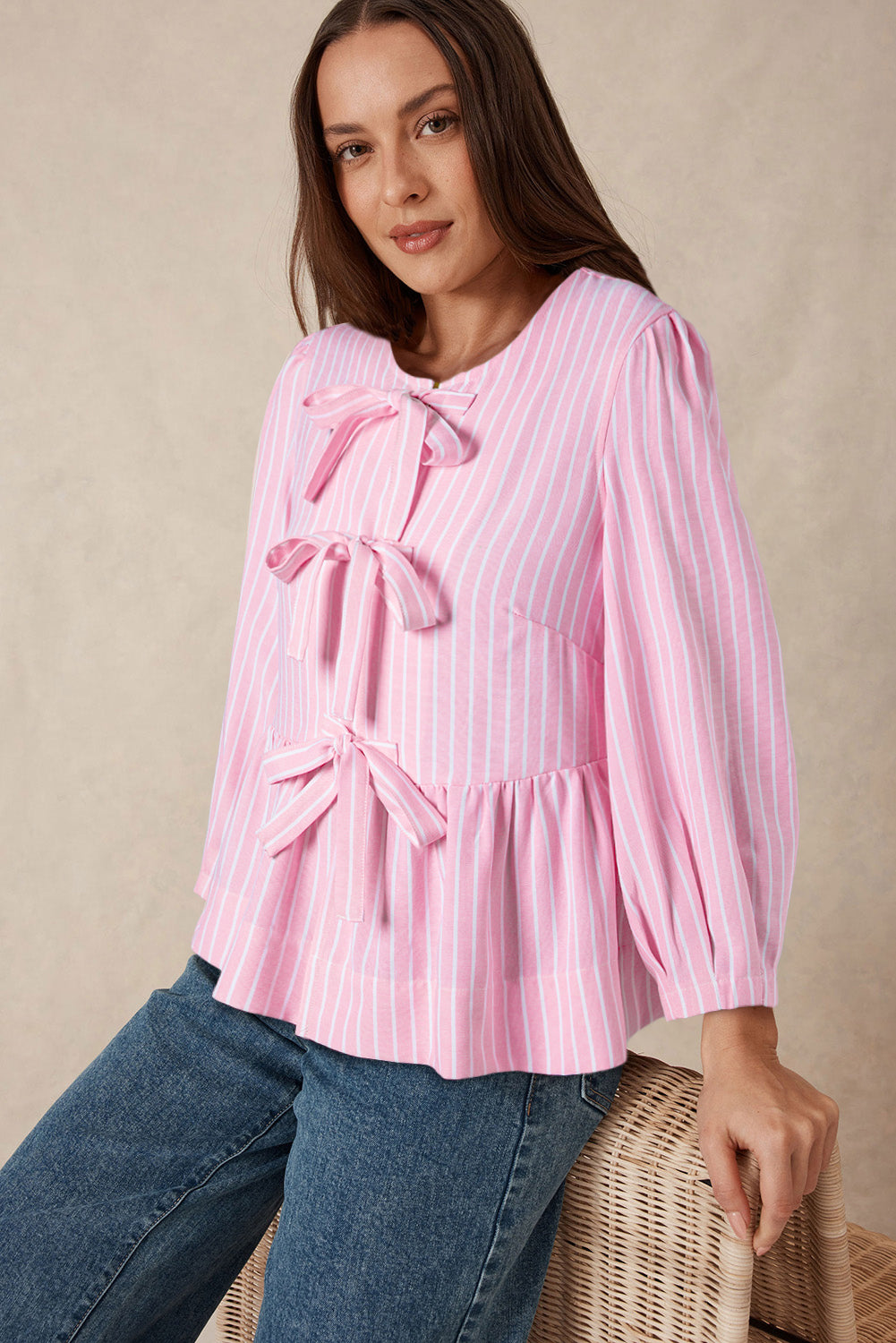 Pink Stripe Bowknot Front Crew Neck Puff Sleeve Blouse Blouses & Shirts JT's Designer Fashion