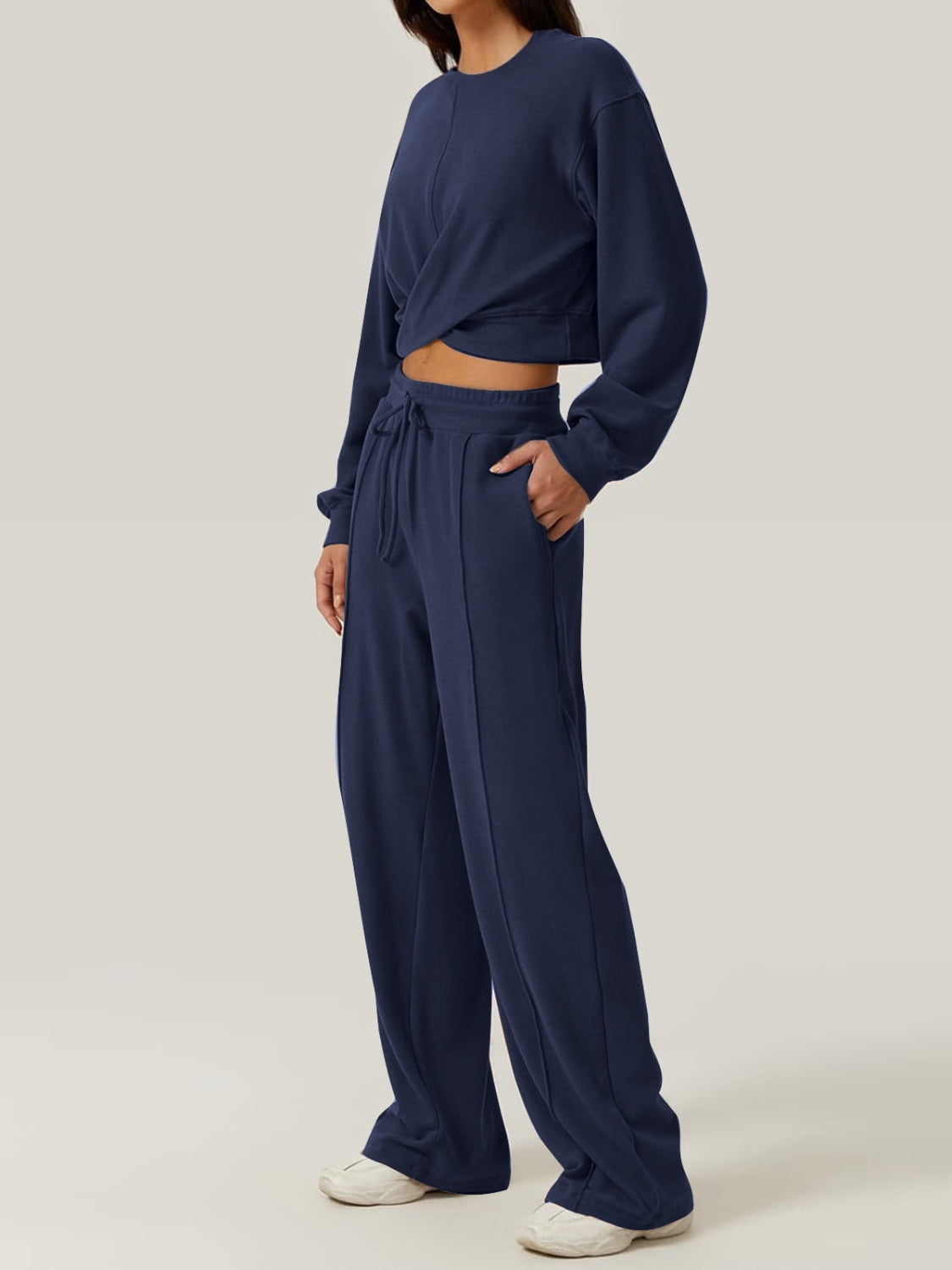 Crisscross Round Neck Top and Drawstring Pants Set Navy Pant Sets JT's Designer Fashion