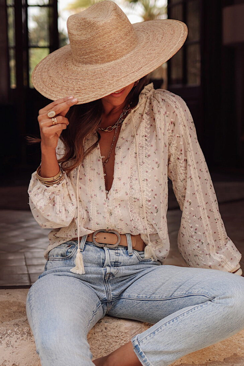 Red Floral Embroidered Lace Bubble Sleeve Shirt Tops & Tees JT's Designer Fashion