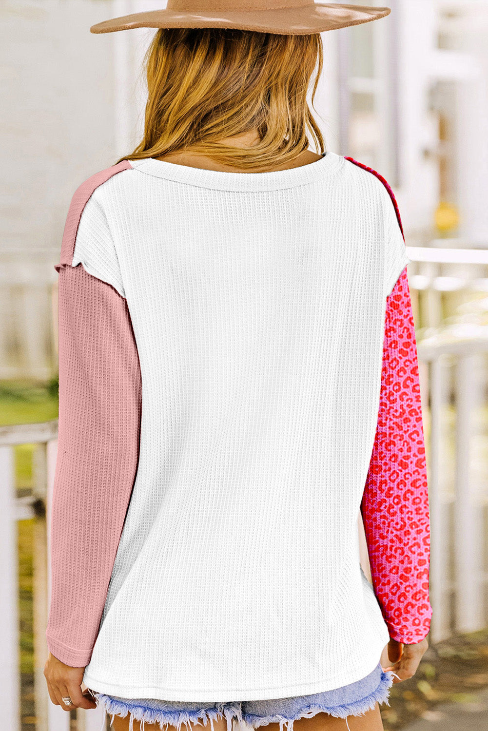 Pink Waffle Knit Exposed Seam Leopard Colorblock Print Top Long Sleeve Tops JT's Designer Fashion