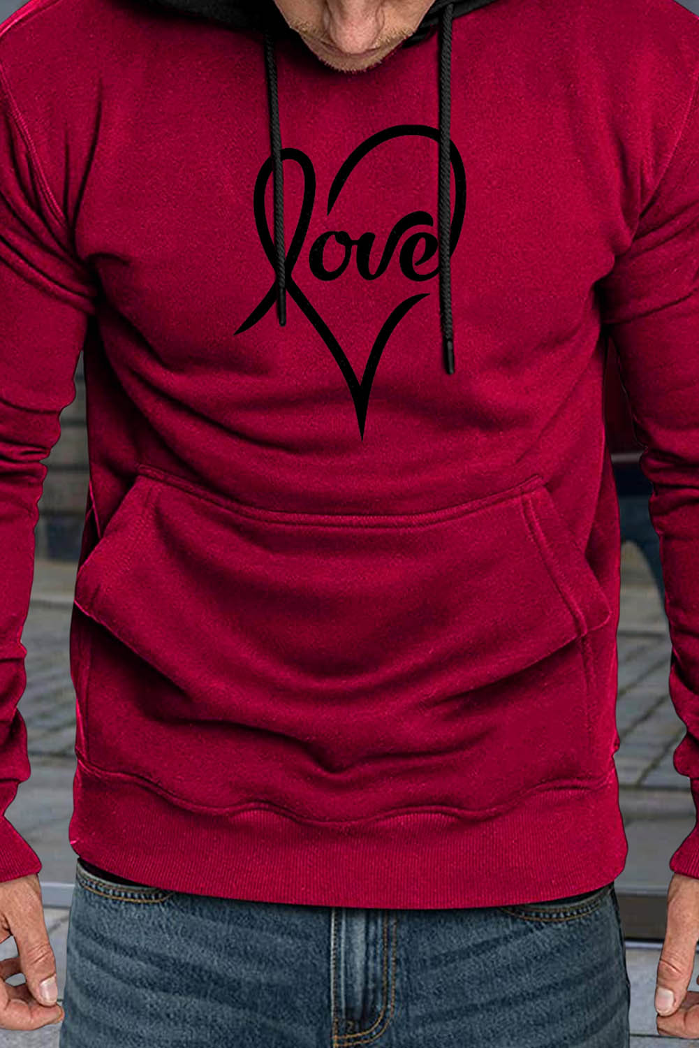 Fiery Red Valentine Love Heart Print Color Block Men's Pullover Hoodie Men's Tops JT's Designer Fashion