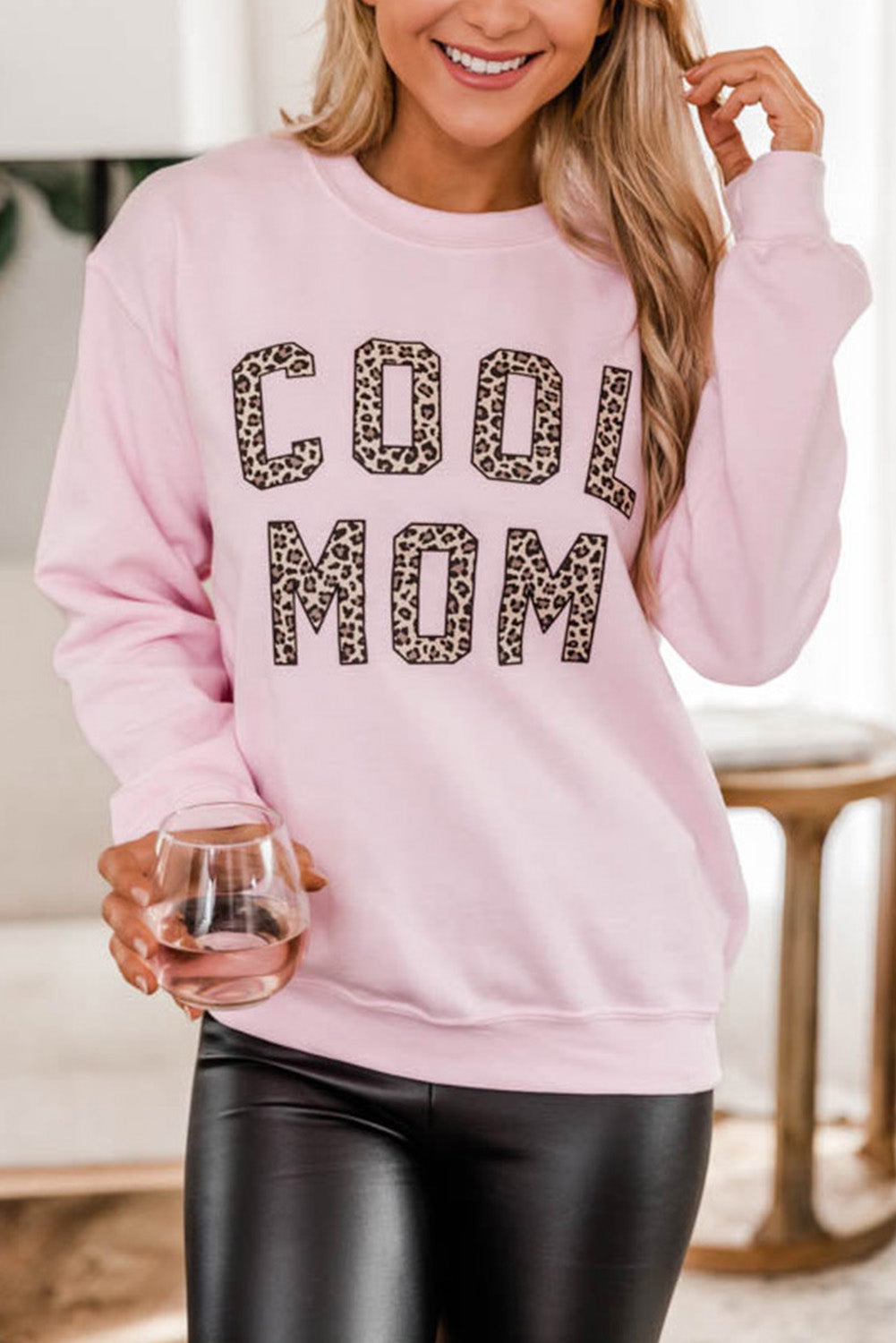 Pink COOL MOM Leopard Print Pullover Sweatshirt Graphic Sweatshirts JT's Designer Fashion