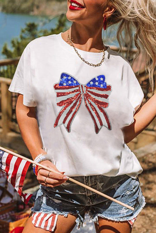 White USA Flag Bow Knot Patched Crew Neck T Shirt Graphic Tees JT's Designer Fashion